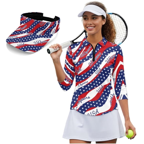 Garronmavis 250th Anniversary Star Women's Golf Shirt and Sun Visor Hat Set Adjustable UV Protection Sun Hat Cap Golf Tennis Shirts 4-Way Stretch for Golf,Tennis,Hiking,Running,Gym Quick Dry