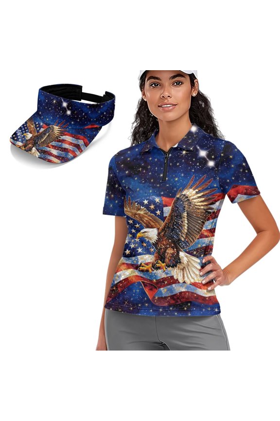 250th Anniversary Women's Golf Shirt and Sun Visor Hat Set Patriotic Short Sleeve Collar Tank Shirt Breathable Fabric Adjustable UV-Protective Sun Visor for Golf Tennis Hiking Daily Wear