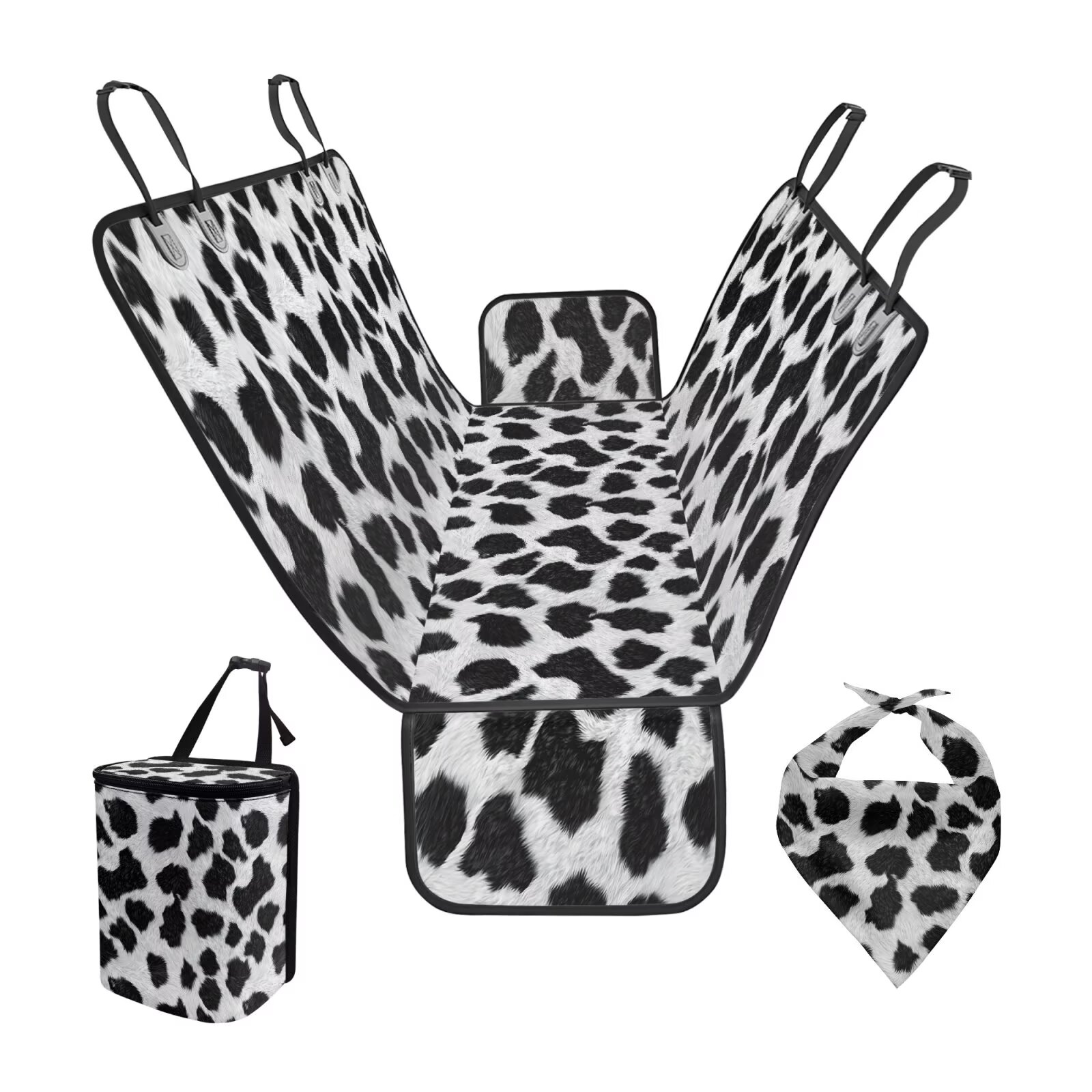 Garronmavis 3 PCS Car Seat Cover Dog Car Seat Cover for Back Seat Dog Bandanas Car Trash Bag Hanging Pet Car Seat Protection for Most Cars Trucks SUVs Black And White Cow Print