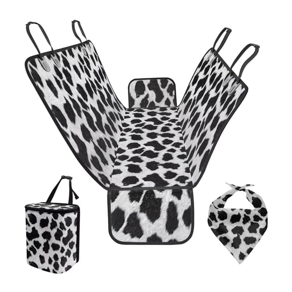 Garronmavis 3 PCS Car Seat Cover Dog Car Seat Cover for Back Seat Dog Bandanas Car Trash Bag Hanging Pet Car Seat Protection for Most Cars Trucks SUVs Black And White Cow Print