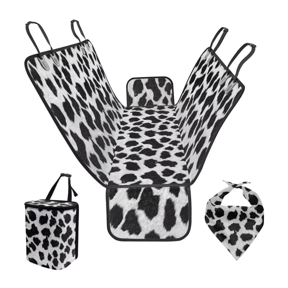 Garronmavis 3 PCS Car Seat Cover Dog Car Seat Cover for Back Seat Dog Bandanas Car Trash Bag Hanging Pet Car Seat Protection for Most Cars Trucks SUVs Black And White Cow Print