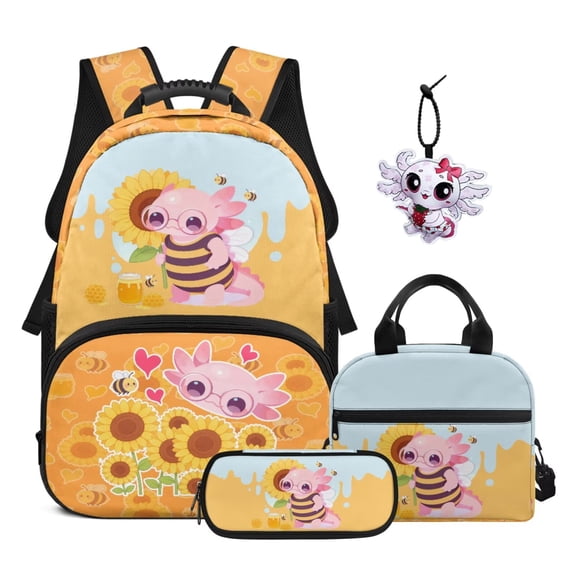 Garronmavis 4-Piece Girls Backpack Set, Includes Bookbag & Lunch Bag & Pencil Case & Axolotl Keychain, Cute Sunflower Axolotl School Bag Set for Elementary School Kids