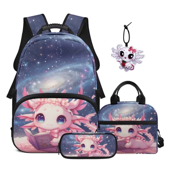 Garronmavis 4-Piece Girls Backpack Set, Includes School Backpack & Lunch Bag & Pencil Case & Axolotl Keychain, Cute Galaxy Axolotl Print Elementary School Essentials for Girls