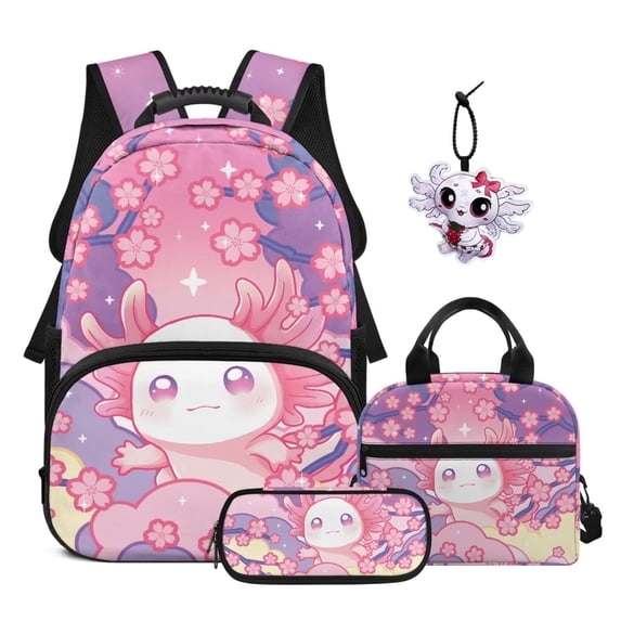 Garronmavis 4-Piece Kids Backpack Set, Bookbag & Lunch Bag & Pencil Case & Exclusive Axolotl Keychain, Gender-Inclusive for Girls and Boys Elementary School Kids, for Daily School Use
