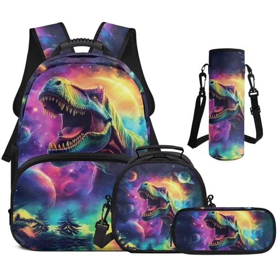Garronmavis 4-Piece Kids Boys Backpack Set for Elementary School Use, Includes Backpack, Lunch Bag, Pencil Case, Water Holder Case, T-Rex Print School Bag for Daily Use