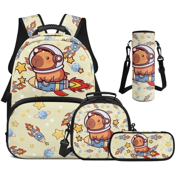 Garronmavis 4-Piece Kids Girls Backpack Set for Elementary School Use, Includes Backpack, Lunch Bag, Pencil Case, Water Holder Case, Space Capybara Print School Bag for Daily Use