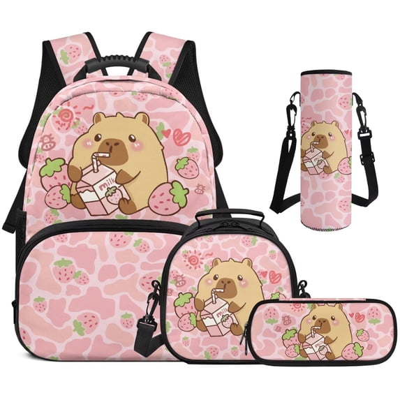 Garronmavis 4-in-1 Kids Girls Backpack Set Strawberry Capybara Printed School Backpack, Includes Backpack, Lunch Bag, Pencil Case, Water Holder Case for Back to School Use