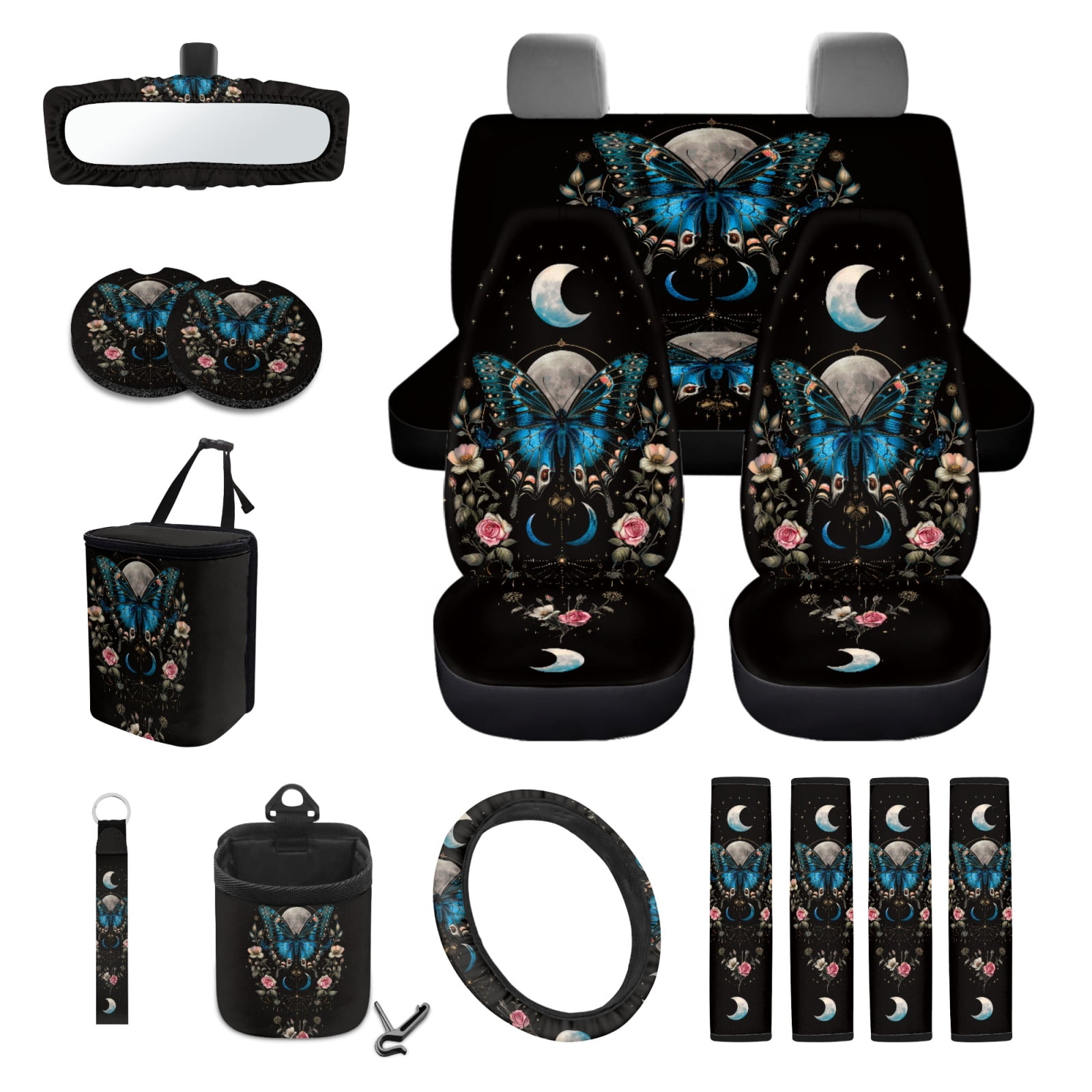 Garronmavis Aesthetic Butterfly Moon 15 PCS Car Seat Cover Full Set Car Seat Covers Steering Wheel Cover Wristlet Strap Car Trash Can Car Dash Accessories Rearview Mirror Cover Cup Mat Universal Fit