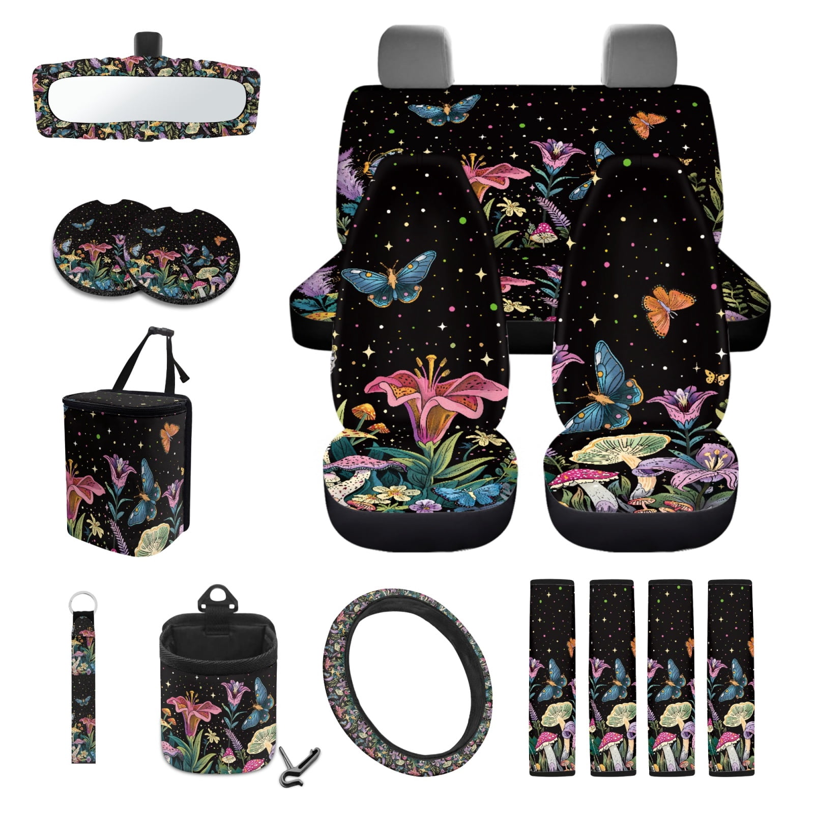 Garronmavis Aesthetic Butterfly Petunia 15 PCS Car Seat Cover Full Set 4 Pieces Car Seat Covers Steering Wheel Cover Keychain Car Trash Bag Car Dash Accessories Rearview Mirror Cover Car Coasters