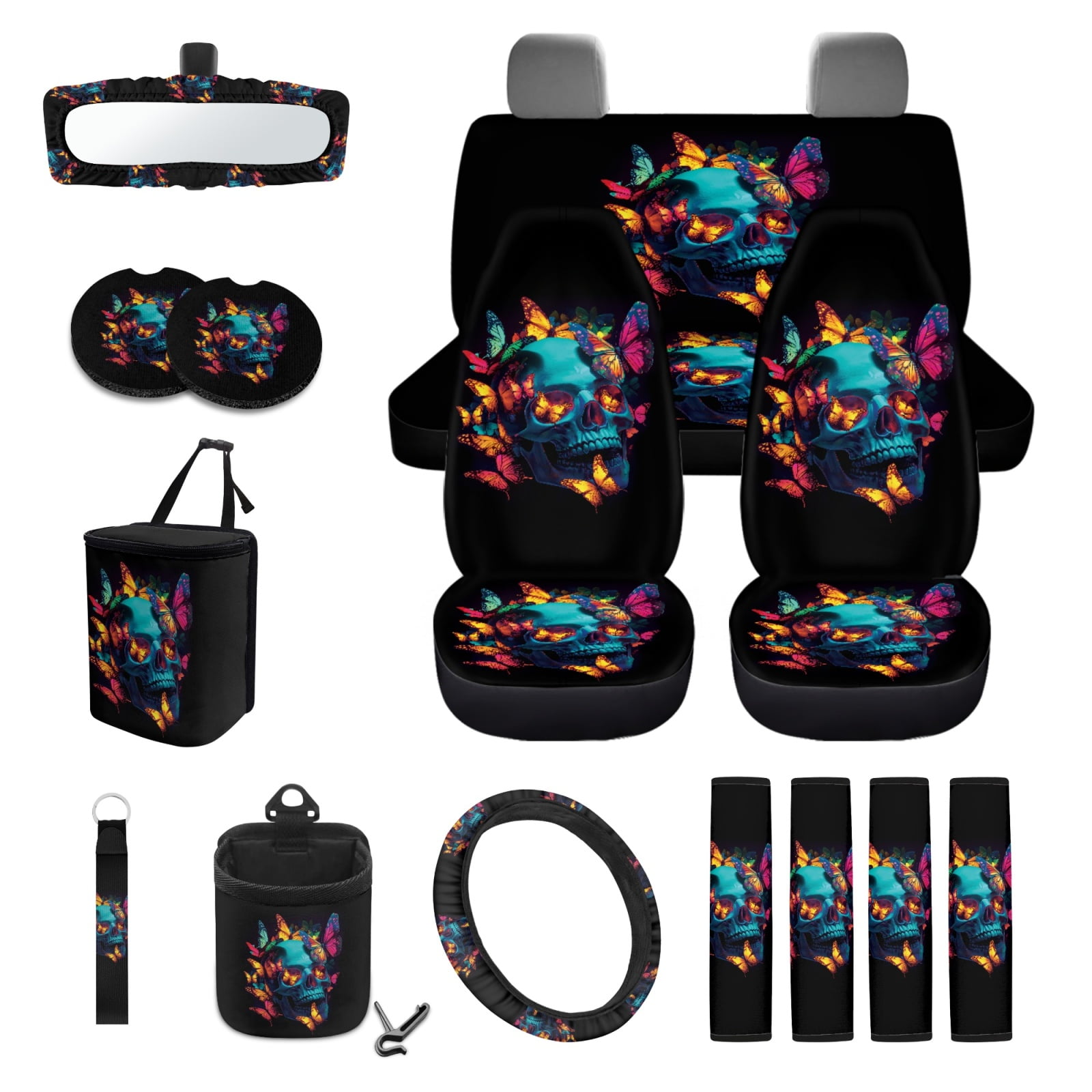 Garronmavis Aesthetic Butterfly Skull 15 Pack Car Accessories Sets 4 Pieces Car Seat Covers Car Trash Bag Car Dash Accessories Rearview Mirror Cover Steering Wheel Cover Keychain Car Coasters
