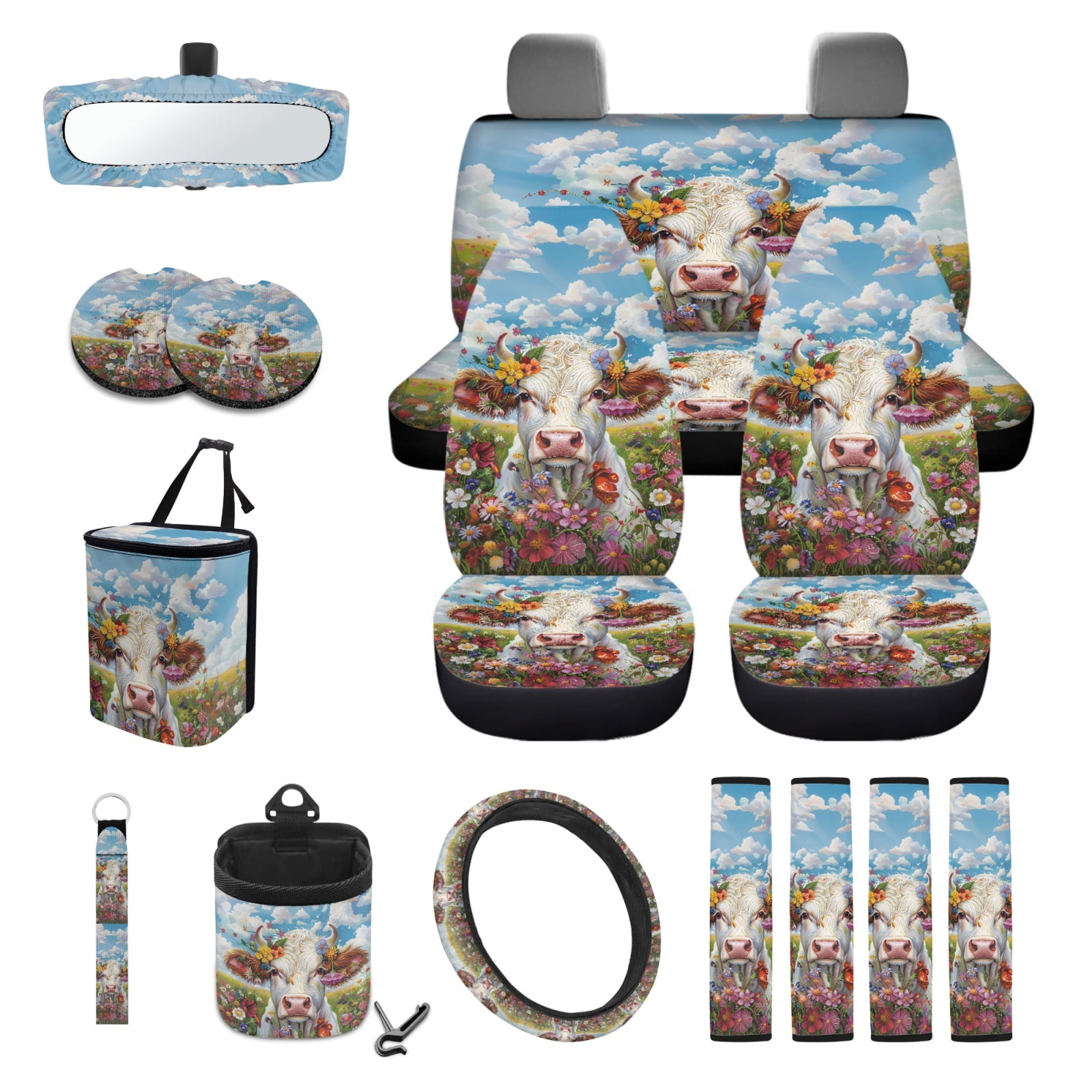 Garronmavis Aesthetic Flower Cow Universal Fit Car Seat Cover Full Set 15 Pieces Wristlet Strap 4 Pcs Seat Belt Car Trash Bag Car Pouch Organizer Interior Rearview Mirrors Protective Cover Cup Mats