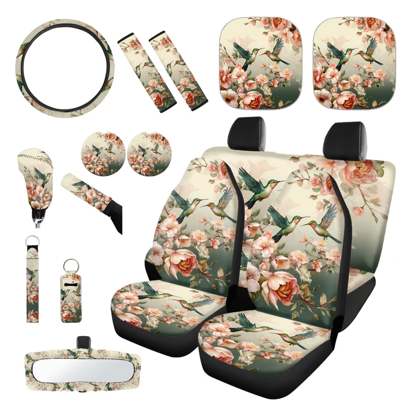 Garronmavis Aesthetic Flower Hummingbird 16 Pcs Car Accessories Set Car Seats Belts Shoulder Pad Covers Keychain Gear Shifting Knob Cover Cup Mats Front Window Sunshade Rearview Mirror Cover