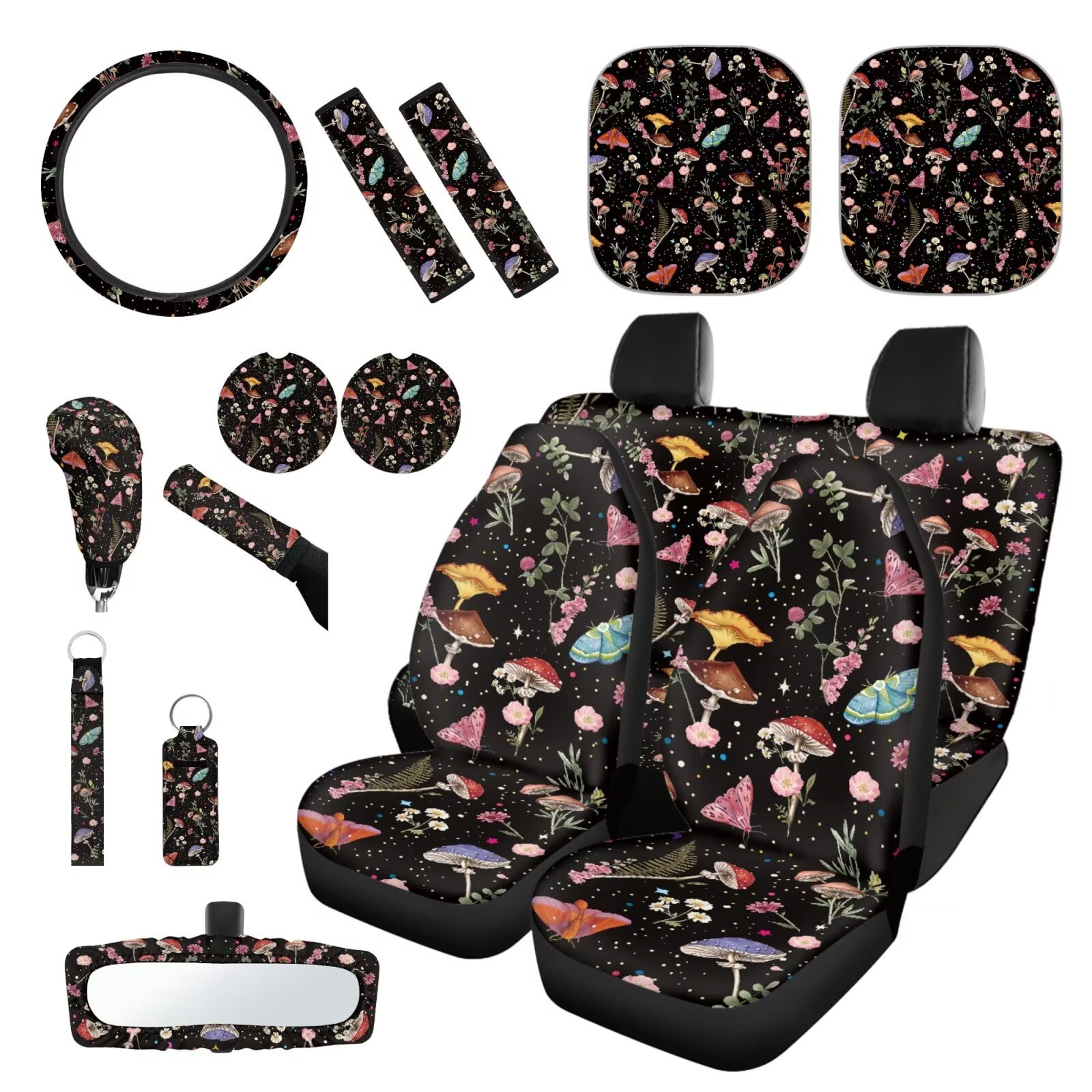 Garronmavis Aesthetic Mushroom 16 Pcs Car Accessories Set Car Seats Belts Shoulder Pad Covers Keychain Gear Shifting Knob Cover Cup Mats Front Window Sunshade Rearview Mirror Cover