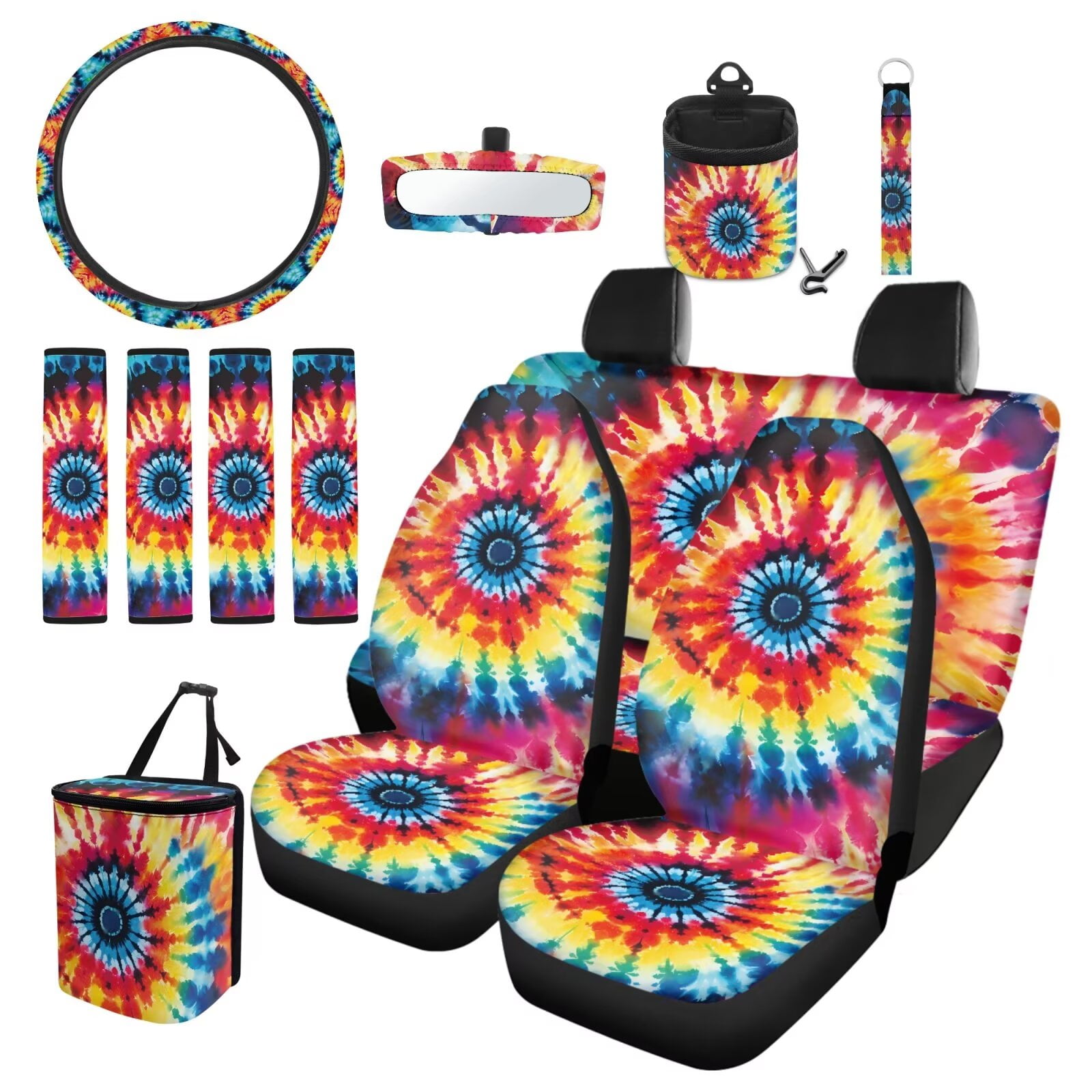 Garronmavis Aesthetic Tie-Dye 15 PCS Car Seat Cover Full Set 4 Pcs Car Seat Covers Steering Wheel Cover Keychain Car Trash Bag Car Pouch Organizer Auto Rear View Mirror Covers Car Coasters