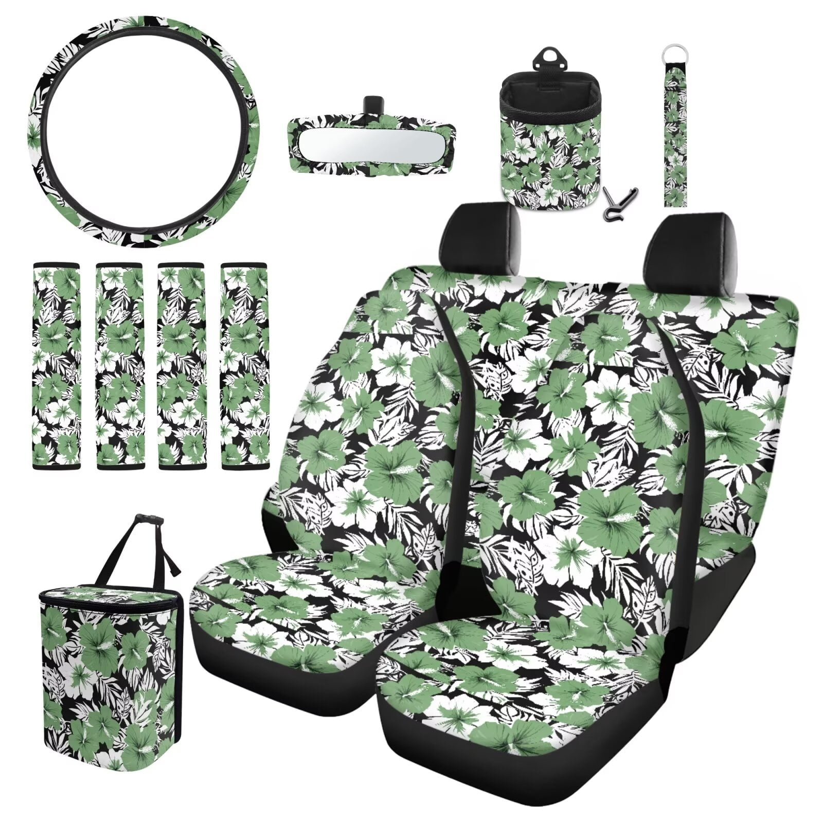 Garronmavis Aesthetic Tropical Flower 15 PCS Car Seat Cover Full Set 4 Pcs Car Seat Covers Steering Wheel Cover Keychain Car Trash Bag Car Pouch Organizer Rearview Mirror Cover Car Coasters