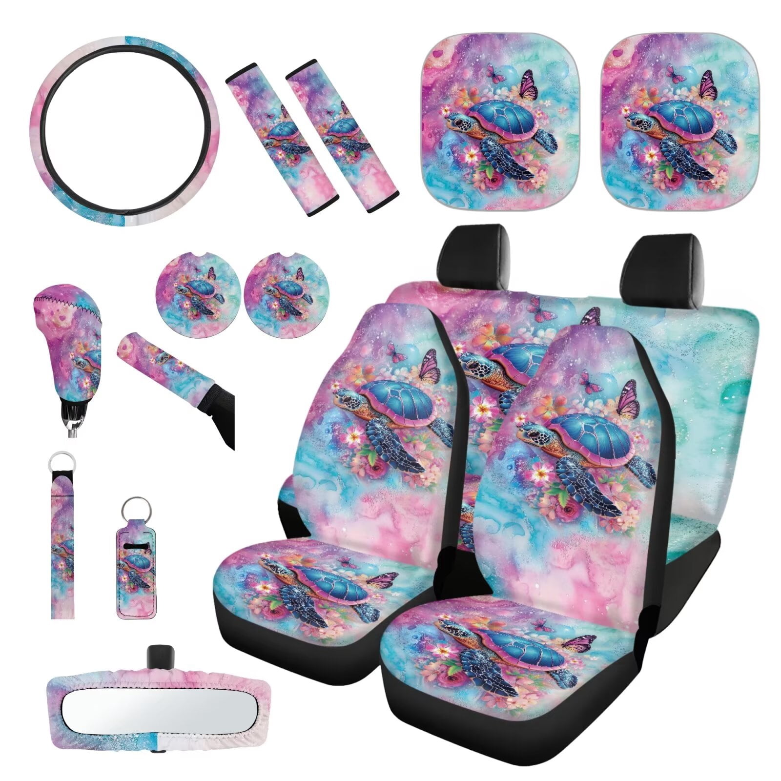 Garronmavis Aesthetic Turtle Car Seat Cover Full Set 16 Pieces Car Seat Belt Covers Keychain Gear Shifting Knob Cup Mats Auto Rear View Mirror Cover