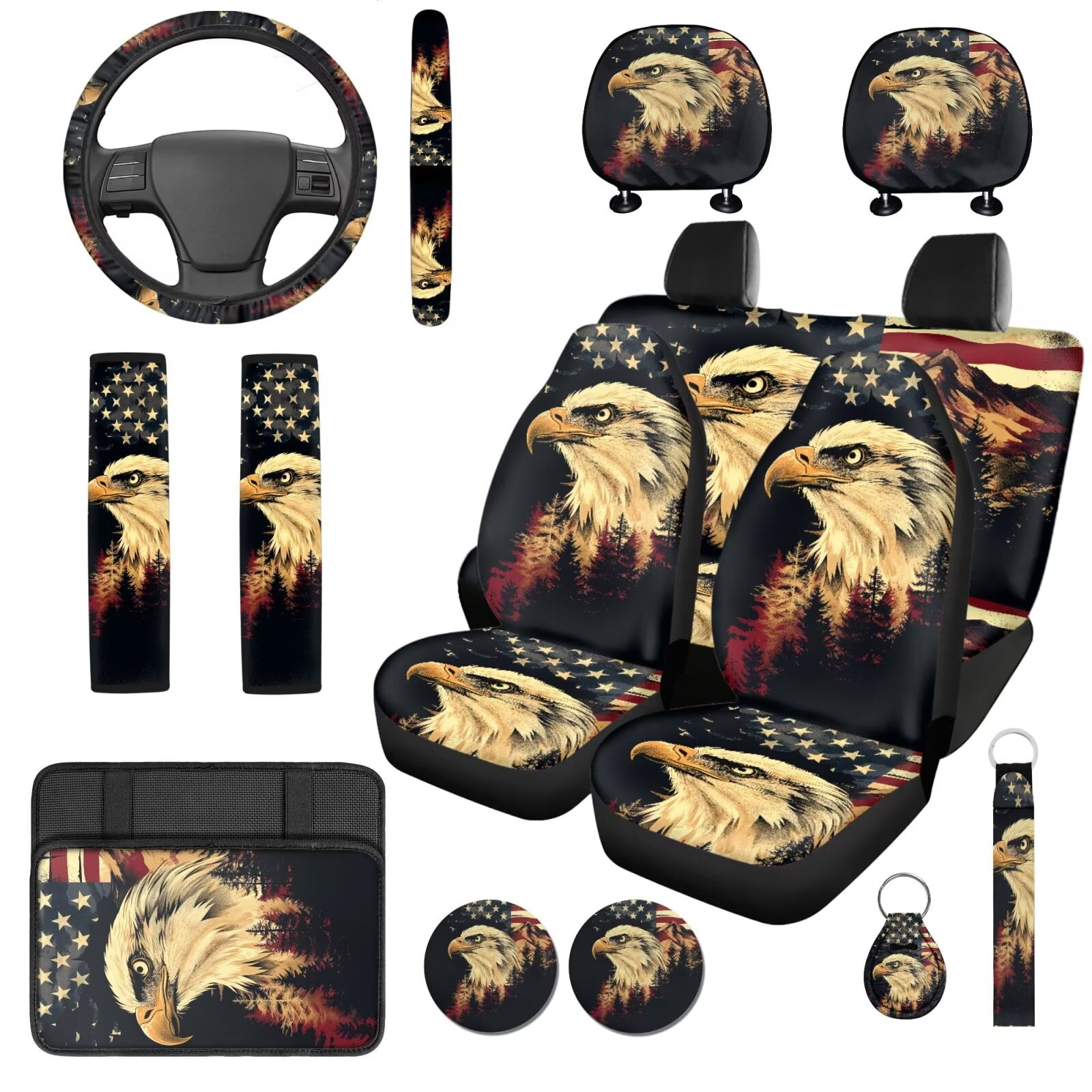 Garronmavis American Eagle Flag Car Seat Covers Full Set 14 Pack Car Headrest Protector Steering Wheel Cover Armrest Cover Seat Belt Covers Key Ring and Cup Coaster Fit for Most Cars, SUV
