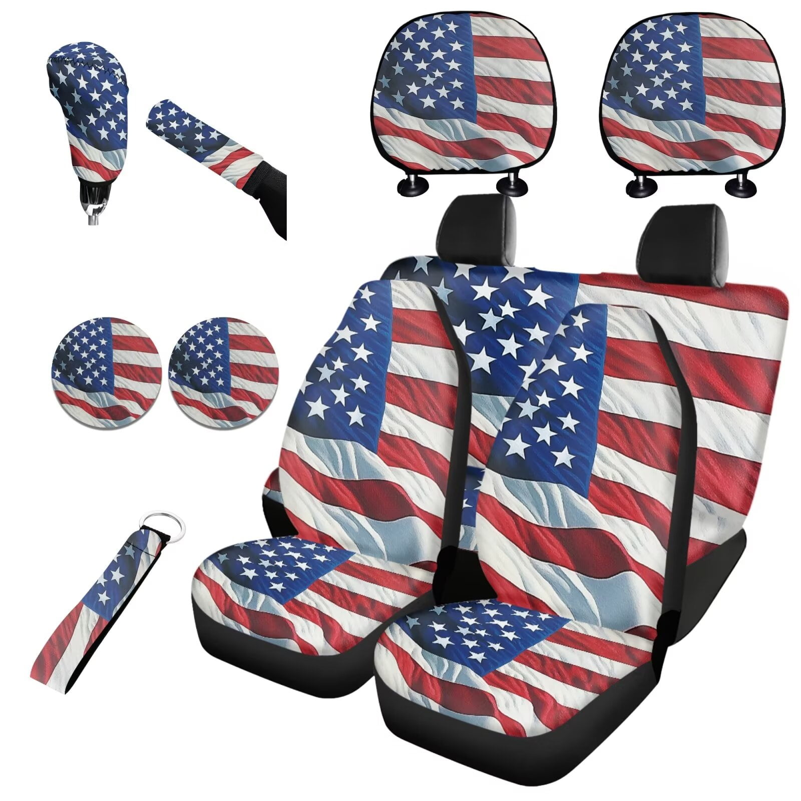 Garronmavis American Flag 11 Pcs Car Seat Covers Full Set with Cars Headrest Protectors+Lanyards Key Ring+Auto Cup Coaster+Handbrake Gear+Shift Knob Cover Interior Accessiores for Decor