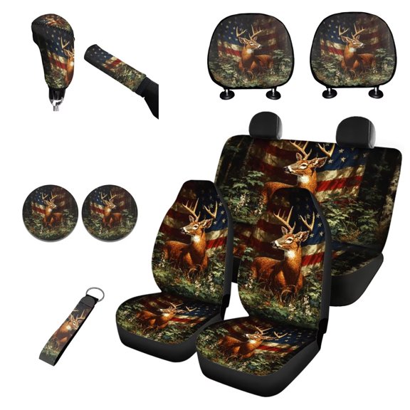 Garronmavis American Flag 11Pcs Car Seat Cover with Headrest Cover Cup Coasters Handbrake Gear Shift Sleeve Lanyards Key Chain Universal Fit Most Cars Interior Decor Sets Hunting Forest Deer