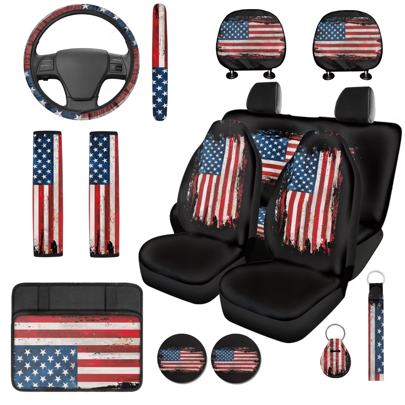 Garronmavis American Flag 14 Pcs Car Accessories Set with Car Headrest Cover Steering Wheel Cover Armrest Cover Seat Belt Pads Key Ring and Cup Coaster Universal Fit Most Cars Women Men
