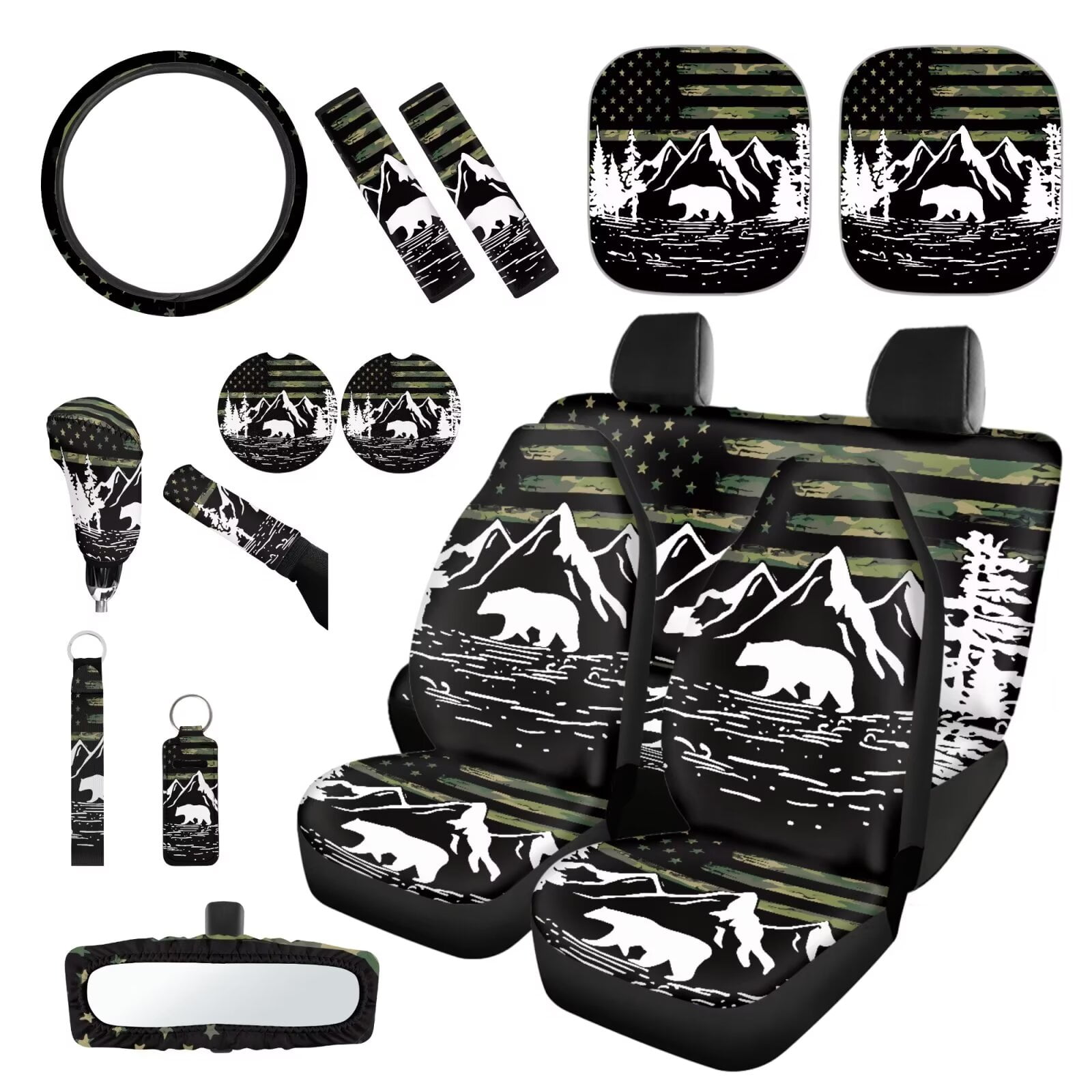 Garronmavis American Flag Bear 16 Pcs Car Accessories Set Car Seat Belt Pads Cover Keychain Hand Brake Cover Cup Mats Front Window Sunshade Auto Rear View Mirror Covers