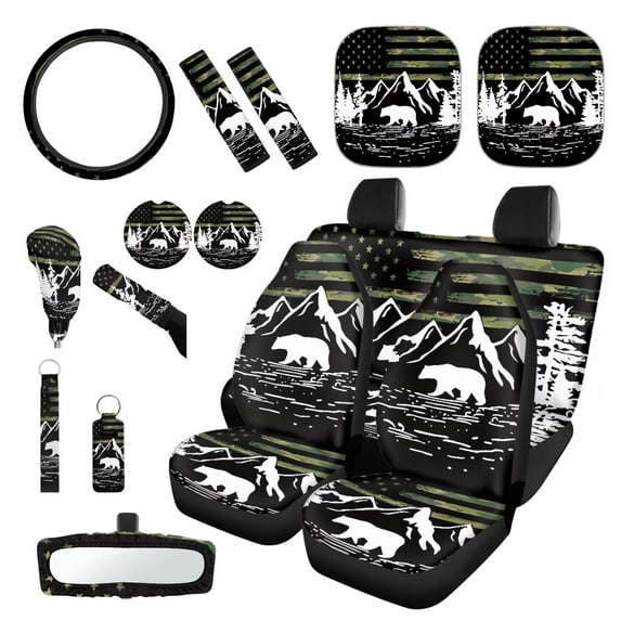 Garronmavis American Flag Bear 16 Pcs Car Accessories Set Car Seat Belt Pads Cover Keychain Hand Brake Cover Cup Mats Front Window Sunshade Auto Rear View Mirror Covers