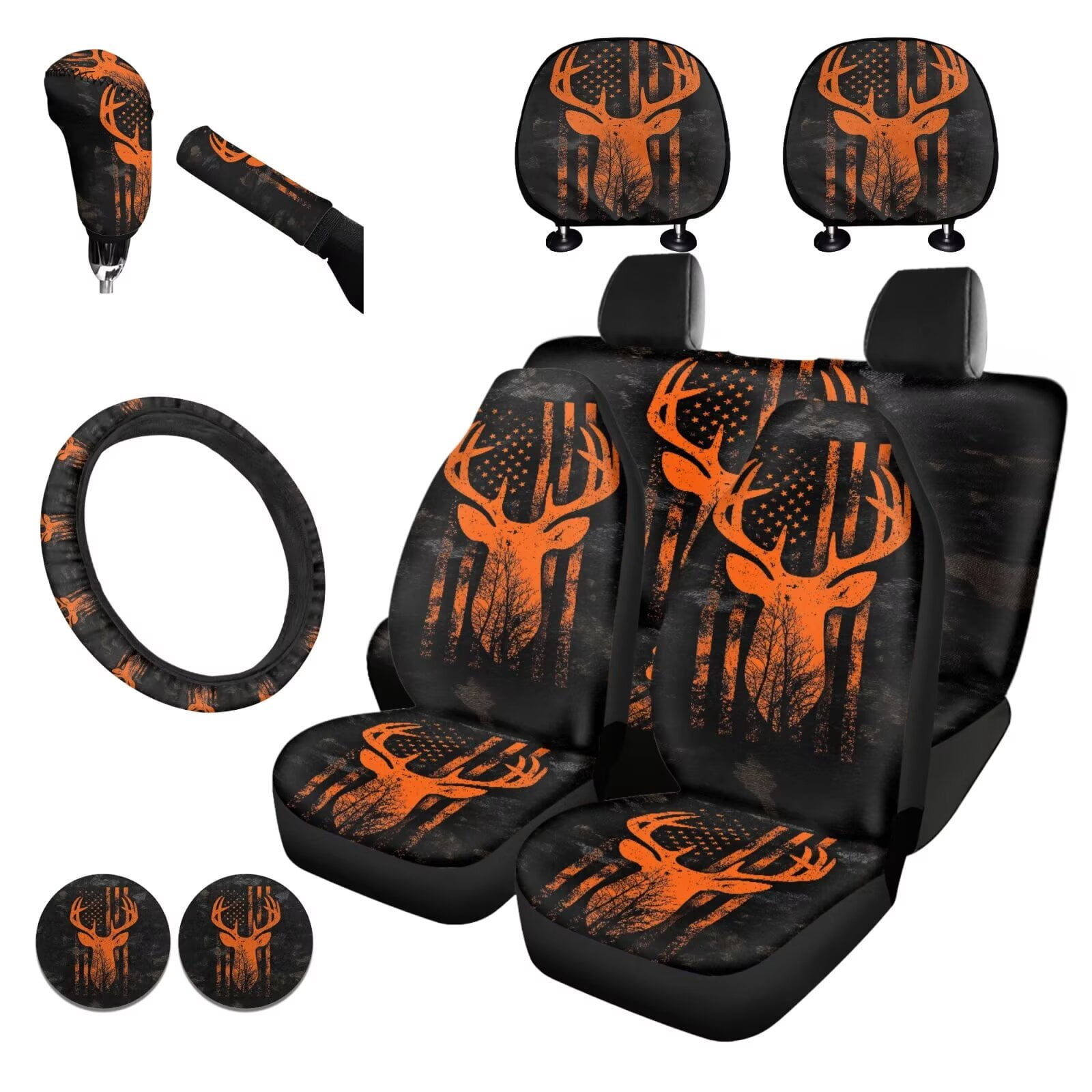 Garronmavis American Flag Camo Deer Car Seat Cover Full Set of 11pcs with Car Seat Headrest Cover+ Steering Wheel Cover+Auto Cup Pad+Handbrake and Gear Shift Knob Cover for Men Women