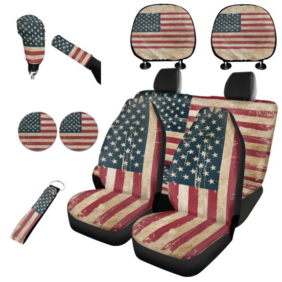 Garronmavis American Flag Car Seat Cover Set Pack 11 Pcs with Auto Headrest Cover Handbrake Gear Shift Knob Cover Auto Cup Coaster Wristlet Keychain Easy to Install Seat Protectors
