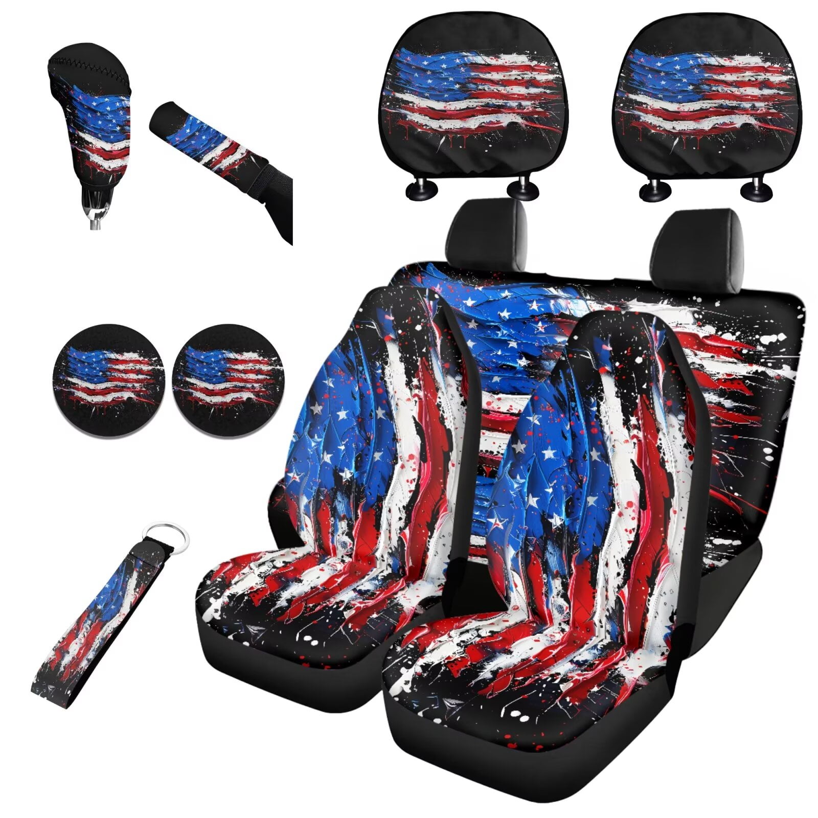 Garronmavis American Flag Car Seat Covers Set Breathable with Auto Headrest Cover+Handbrake Gear+Shift Knob Cover+Auto Cup Coaster+Wristlet Keychain Easy Installation Accessories Auto