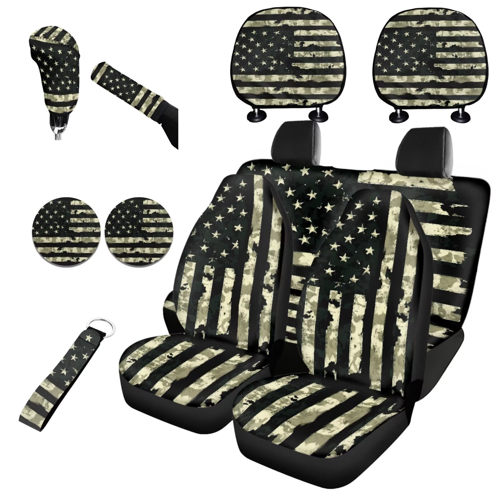 Garronmavis American Flag Comouflage Car Seat Covers Full Set 11 Pcs for Sun Protection with Cars Headrest Protectors+Lanyards Key Ring+Auto Cup Coaster+Handbrake Gear+Shift Knob Cover