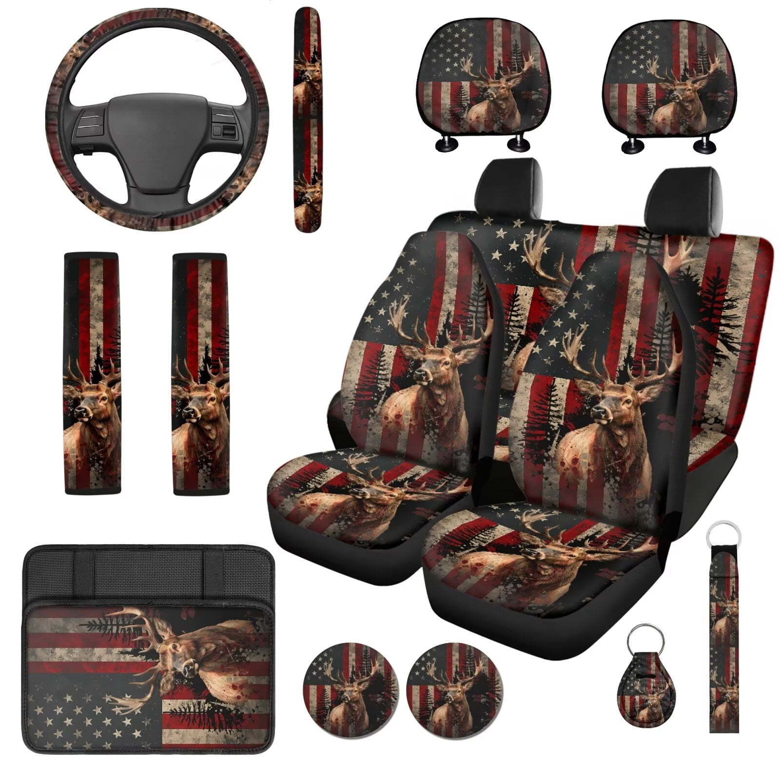 Garronmavis American Flag Deer 14 Pcs Car Accessories Full Set with Head Rest Protector Car Steering Wheel Cover Arm Rest Cover Seat Belt Covers Keychain and Coaster Compatible with Cars,SUV