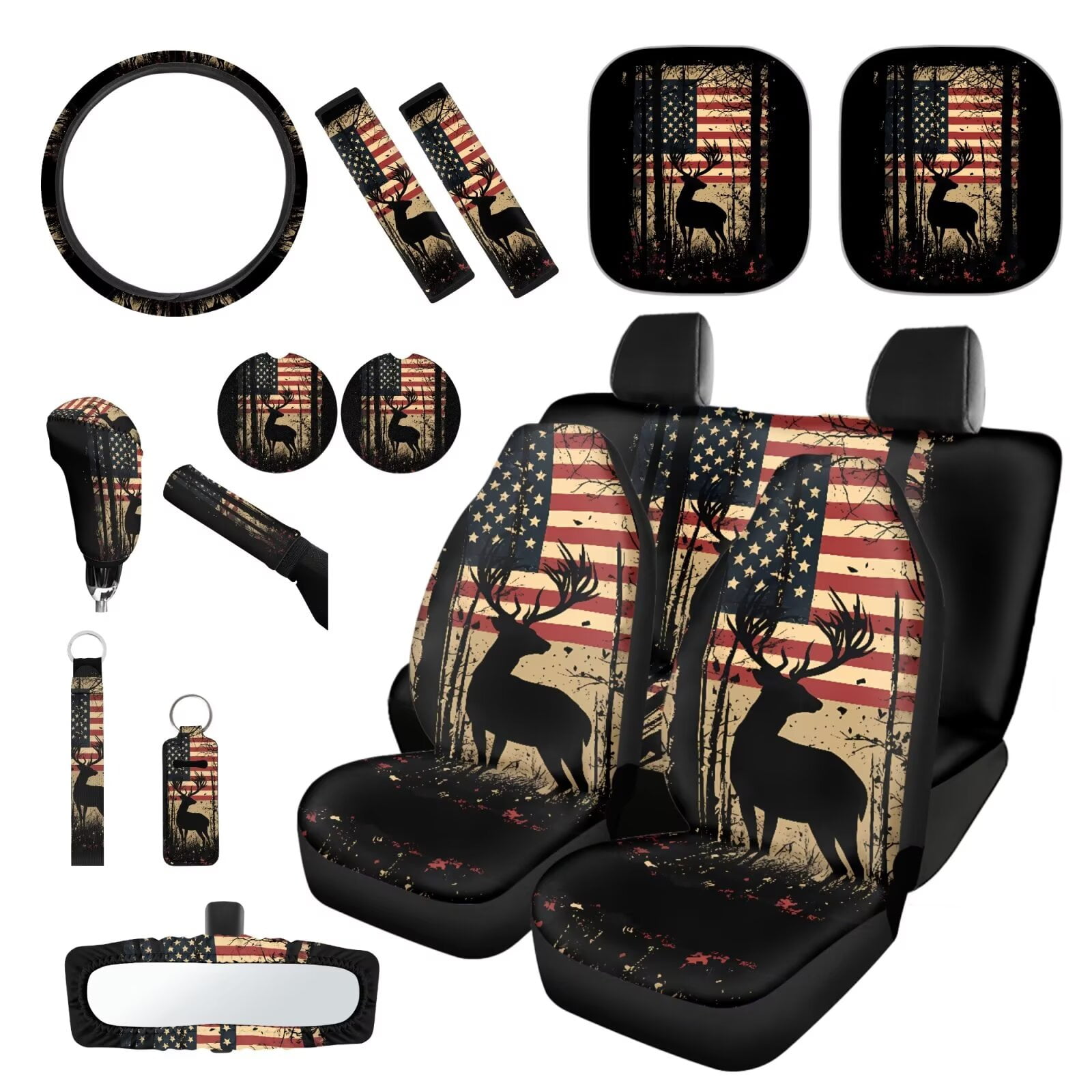 Garronmavis American Flag Deer 16 Pcs Car Accessories Set Car Seat Belt Pads Cover Keychain Gear Shifting Knob Cover Cup Mats Front Window Sunshade Rearview Mirror Cover Decorative Accessories