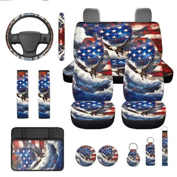 Garronmavis American Flag Eagle Car Accessories 13 Packs Vehicle Bucket Seat Covers + Seat Belt Pads + Cup Mat Pad + Lipstick Cover + Keychain + Steering Wheel Cover