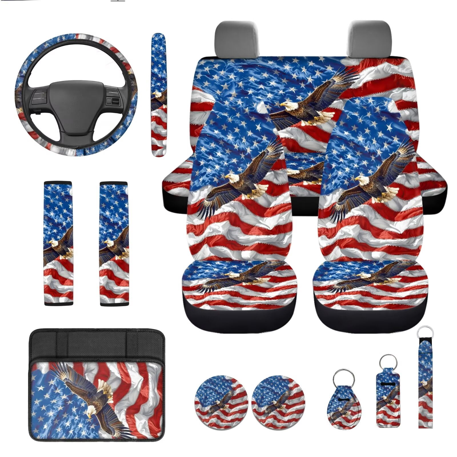 Garronmavis American Flag Eagles 13 Piece Seat Cover Set Universal Car Cover Steering Wheel Cover Armrest Cover Pad Seat Belt Cover Coaster Keychain Lipstick Cover Car Accessories