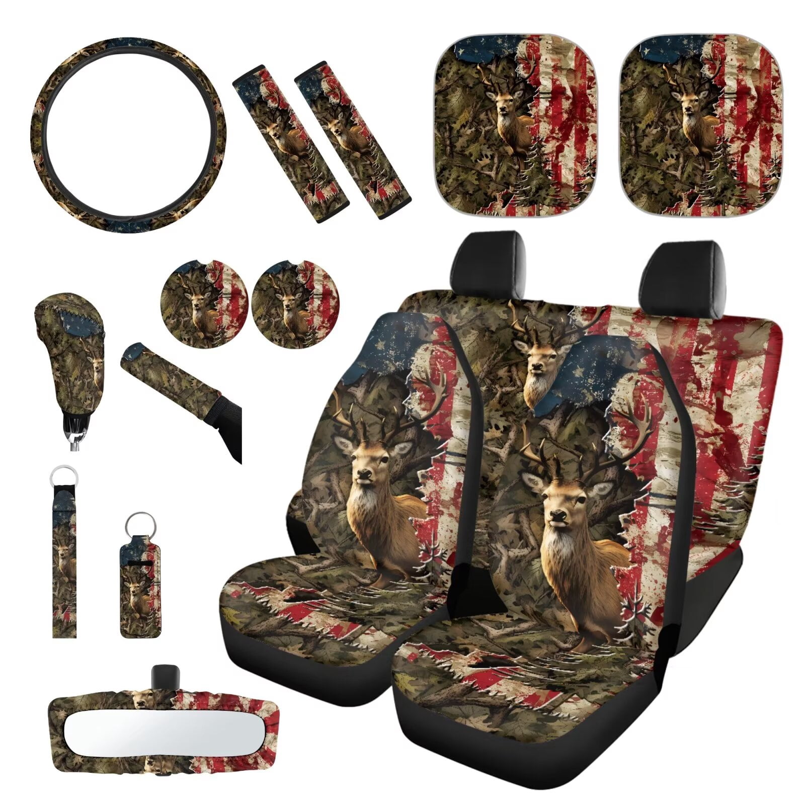 Garronmavis American Flag Forest Deer Car Seat Cover Full Set 16 Pieces Belt Pads Cover Keychain Holder Gear Shifting Knob Cup Mats