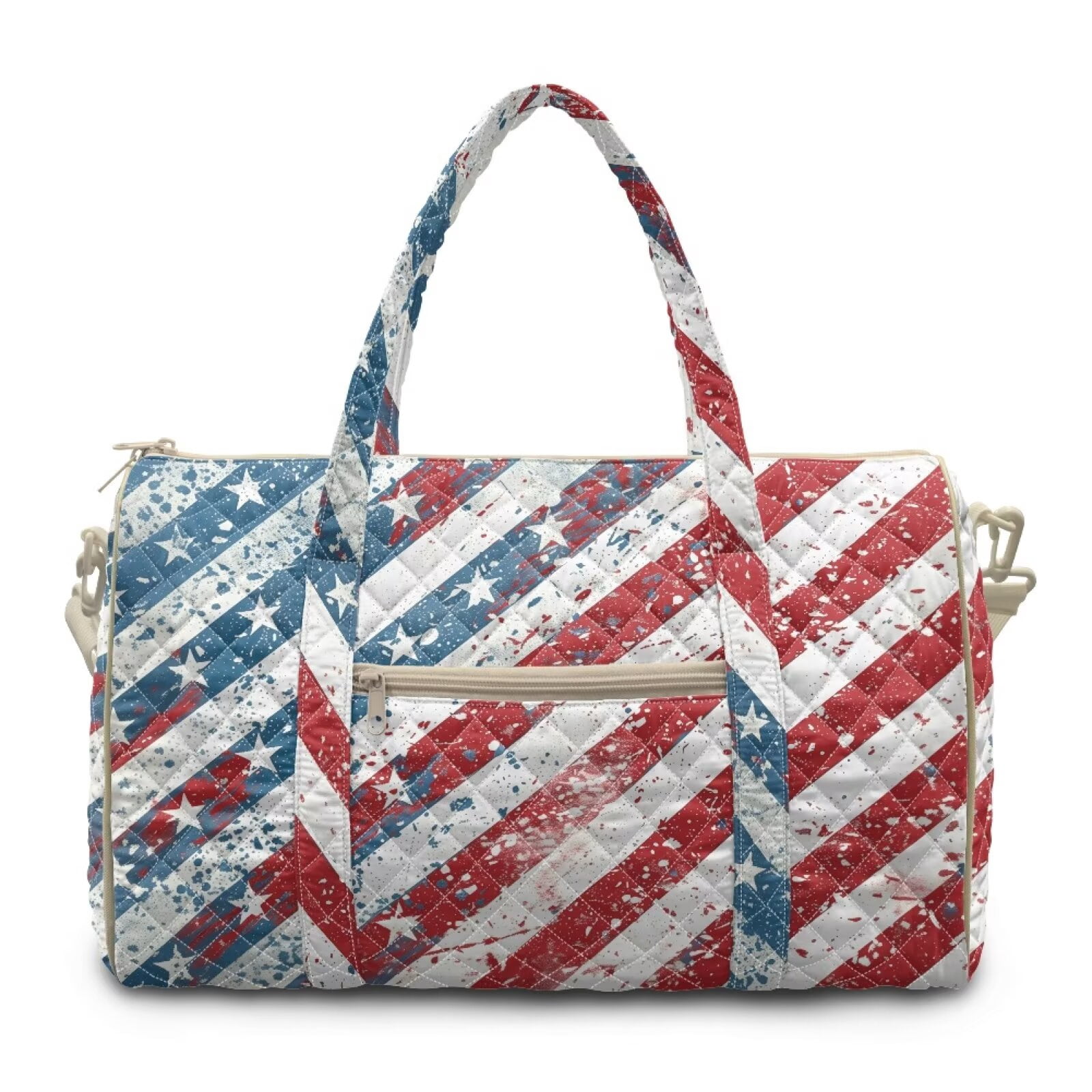 Garronmavis American Flag Large Quilted Duffle Bag for Women Weekender Bag Travel Overnight Gym Dance Carry On Tote with Zipper Pockets