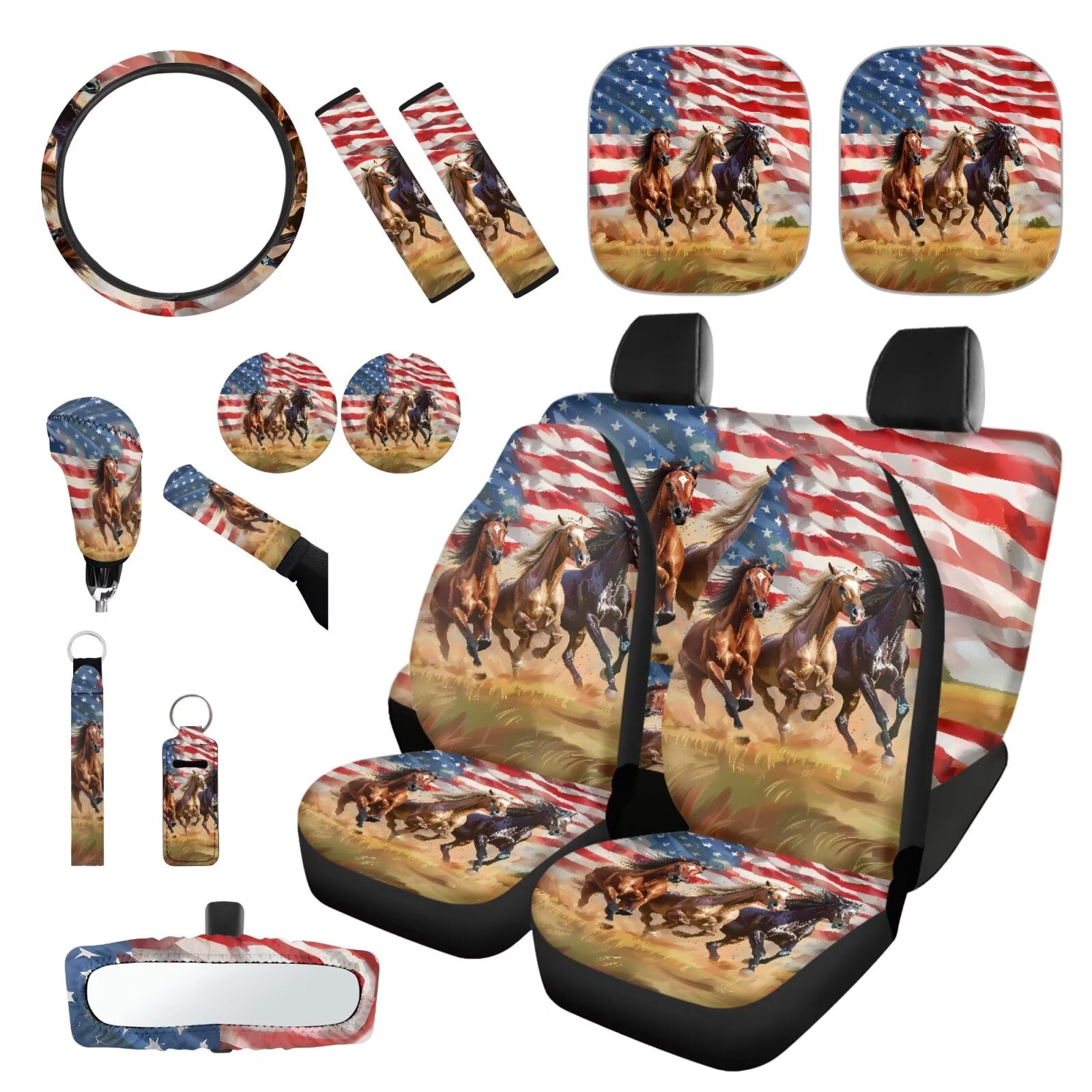 Garronmavis American Flag Running Horse Car Seat Cover Full Set 16 Pieces Car Seat Belt Covers Keychain Holder Gear Shifting Knob Cup Mats Windshield Sun Shade