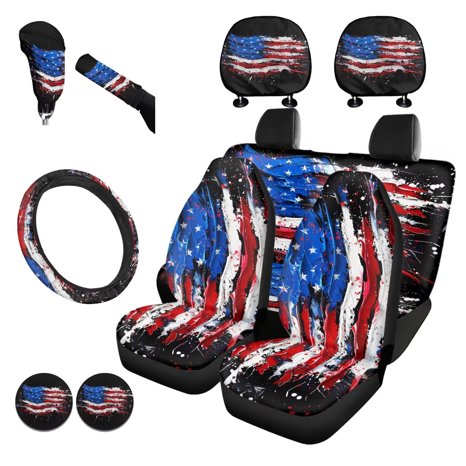 Garronmavis American Flag Seat Covers Full Set with Steering Wheel Wrap Gear Shift Cover Handbrake Sleeve Headrest Protectors Cup Coasters Decor Accessories Fit for Sedans Van Truck SUV