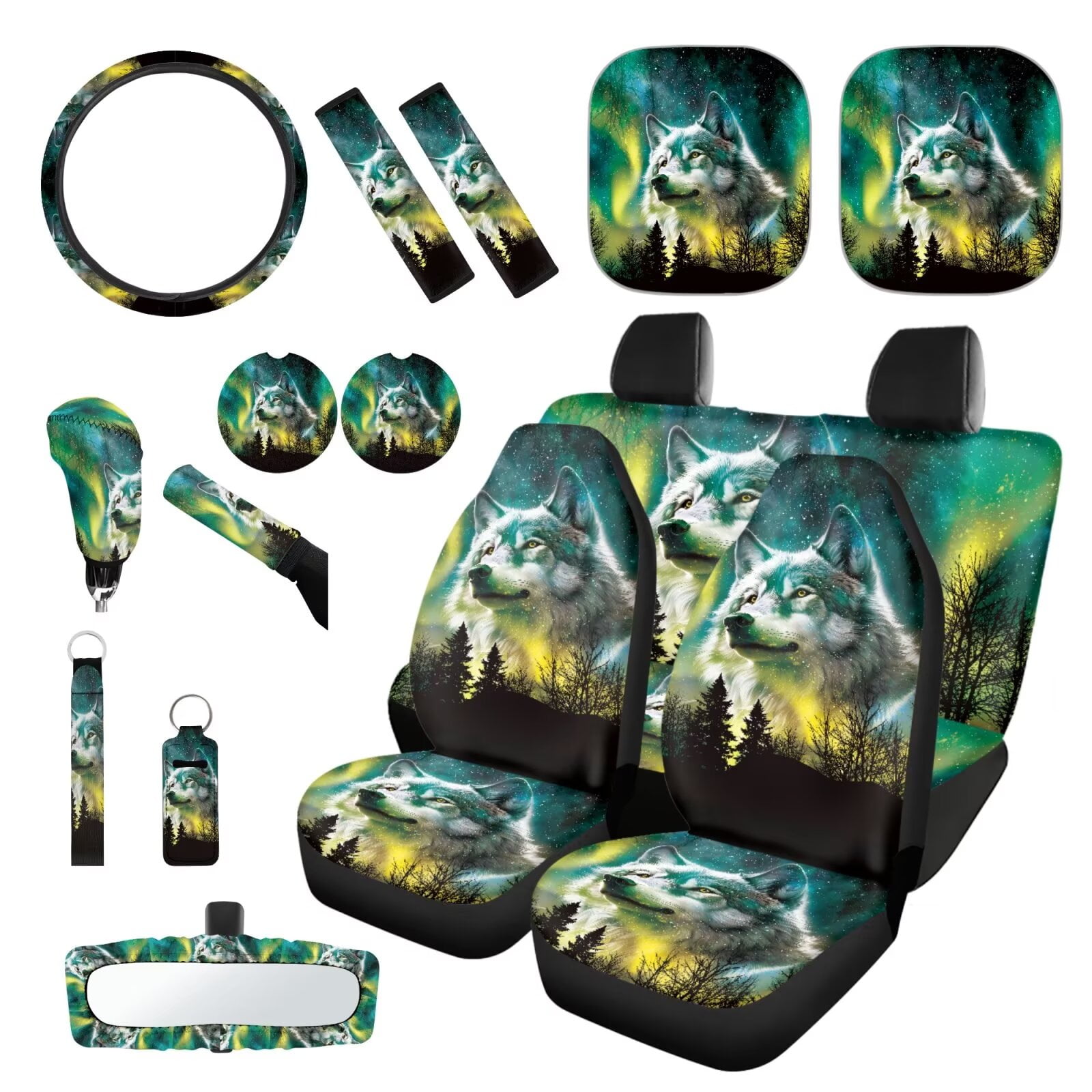 Garronmavis Aurora Wolf Car Seat Cover Full Set 16 Pieces Belt Pads Cover Keychain Holder Gear Shifting Knob Cup Mats Windshield Sun Shade