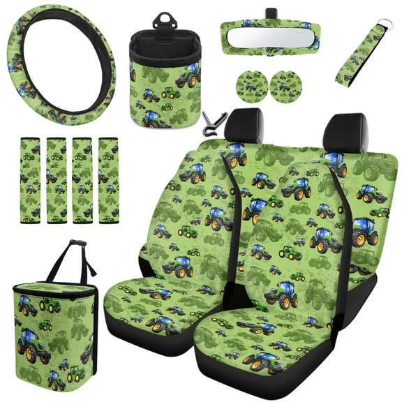 Garronmavis Auto Front Rear Seat Cover Steering Wheel Cover Rearview Mirror Cover Seat Belt Cover Coasters Garbage Can Air Vent Pouch Keychain 15pcs Tractors Print Women Men Interior Car Accessories