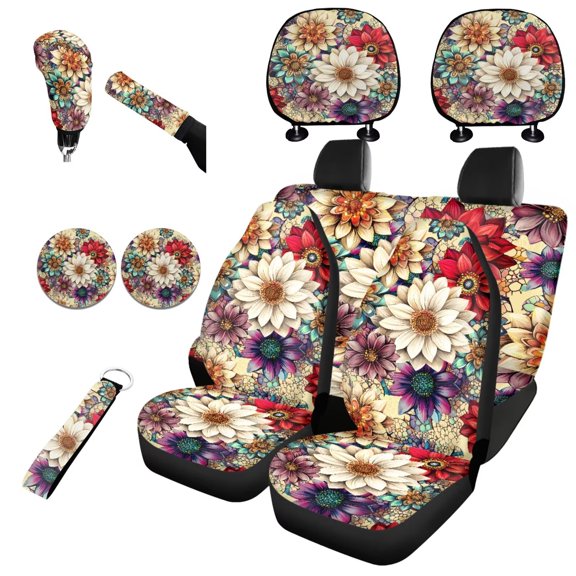 Garronmavis Auto Seat Cover with Headrest Cover Cup Coasters Handbrake Gear Shift Sleeve and Lanyaeds Key Chain Boho Flower Dahlia Fashion Fit Most Cars for Women 11-Pieces Interior Car Accessories