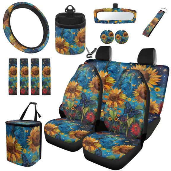 Garronmavis Automotive Interior Accessories Sets 15pcs Art Sunflower Steering Wheel Cover Car Front Rear Seat Covers Seat Belt Cover Coasters Air Vent Organizer Garbage Can Rearview Mirror Cover