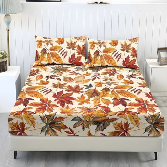 Garronmavis Autumn Maple Leaf 3-Piece Bedding Set, 1 Deep Pocket Fitted Bed Sheet with 2 Matching Pillow Shams, Soft Breathable Bed Linen for Fall Bedroom Decor, 100cm*190cm