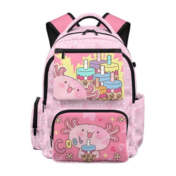 Garronmavis Axolotl Boba Girls Backpack Adjustable Shoulder Straps School Bag Multi-Pocket Book Bag 17 inch for 8-12 Elementary School Students Back to School Gift