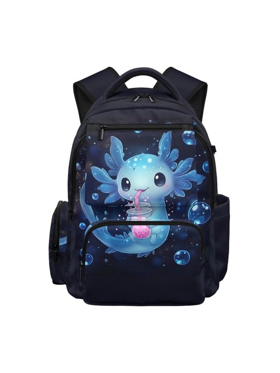 Axolotl Boba Kids Backpack Adjustable Shoulder Straps School Bag Multi-Pocket Book Bag 17 inch for 8-12 Elementary School Students Back to School Gift