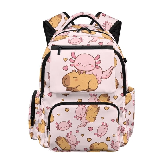 Garronmavis Axolotl Capybara Kids Backpack 17 Inch Cute School Backpack for Girls for 9-12 Years Old, Pink Breathable School Bag with Padded Tablet Sleeve & Multi-Pockets