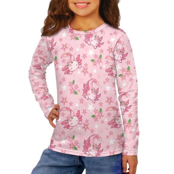 Garronmavis Axolotl Girls Long Sleeve T-Shirts 3-4 Casual Flowers Kids Crewneck T-Shirts Fall Tops Comfortable Kids Basic Soft Long Sleeve Tees Warm Top Casual Clothes for Girls