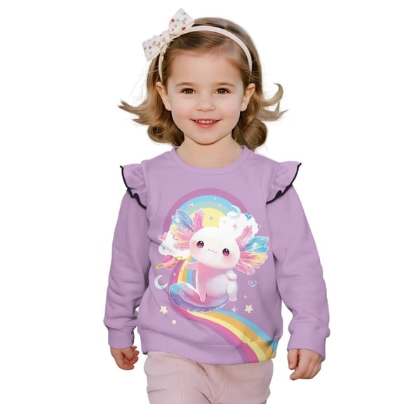 Garronmavis Axolotl Long Sleeve Sweatshirt Comfortable Rainbow Kids Sweatshirts Pullover 2T Loose Ruffle Long Sleeve Girls Top Stylish Girls Pullover Crewneck Sweatshirt for Toddler Kids