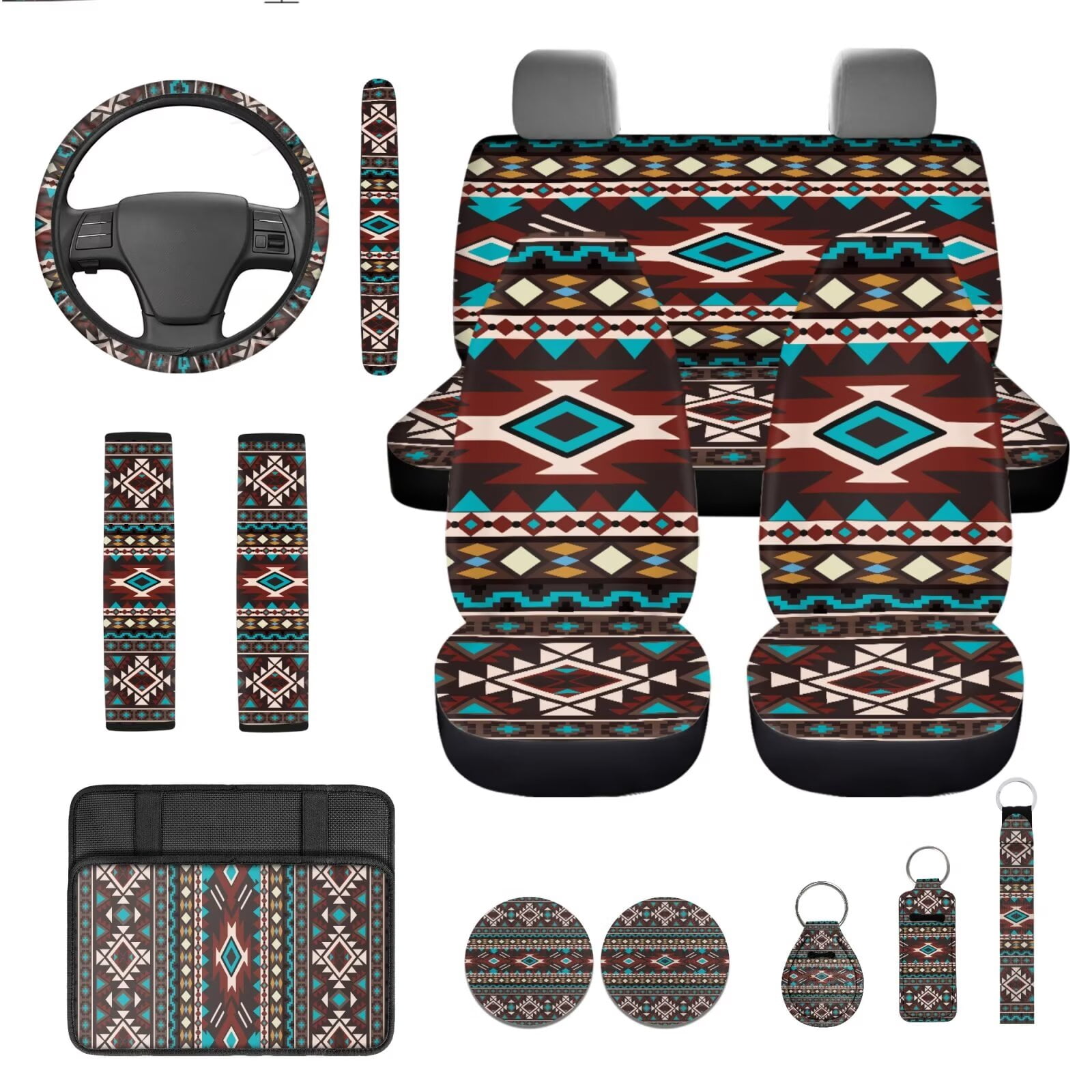 Garronmavis Aztec 13-Piece Car Accessory Set Includes Front and Rear Seat Covers Armrest Cover Pad Steering Wheel Cover Key Fob Coaster Lipstick Cover