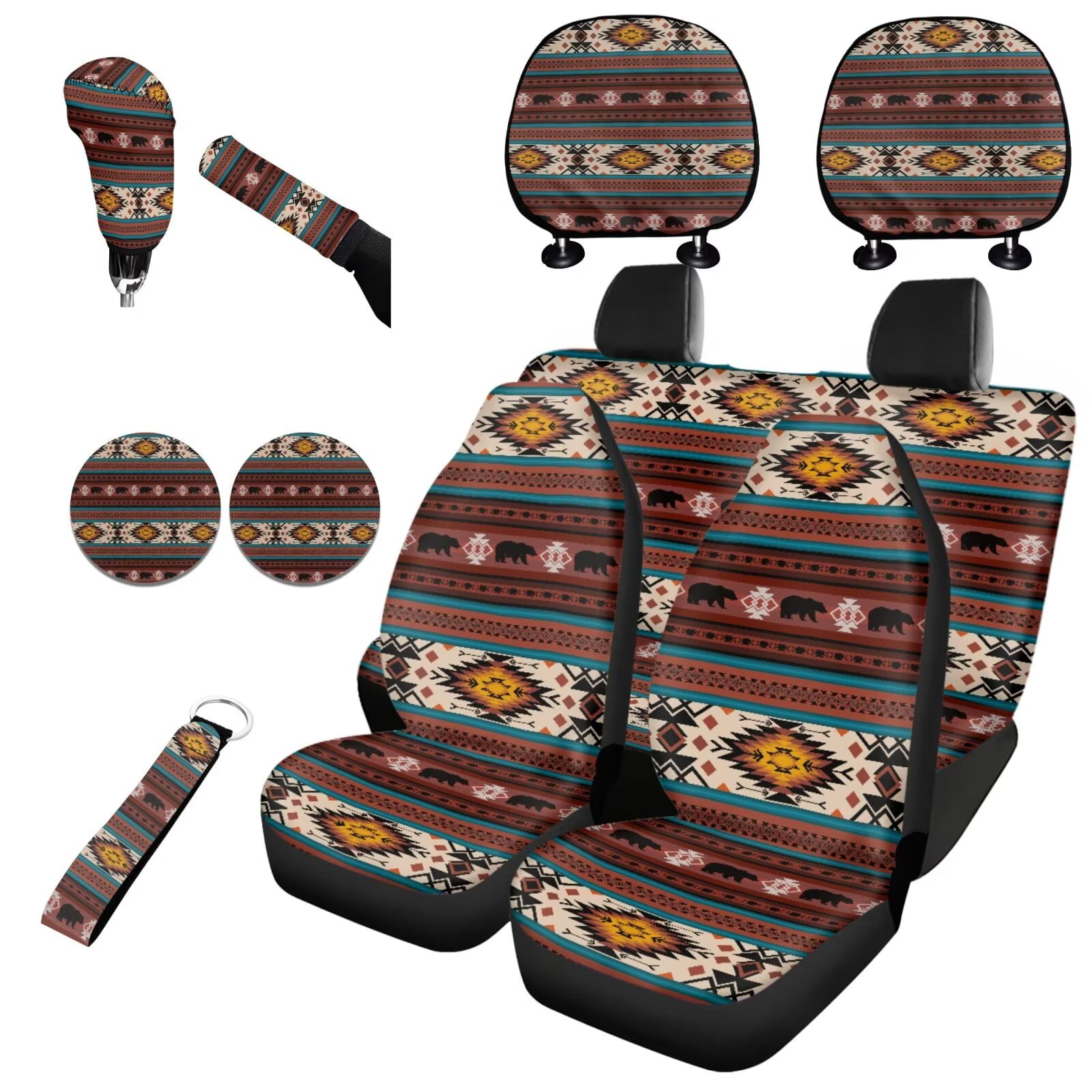 Garronmavis Aztec Bear Geometry Front & Rear Car Seat Covers with Lanyards Key Ring Car Cup Coaster Cars Headrest Cover Handbrake and Gear Shift Knob Sleeve Set of 11 Decor Interior Car Accessories